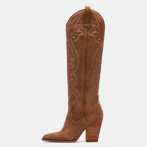 Steve Madden Lasso Pointed Toe Chunky Heel Knee-high Brown Cowboy Boots 8 - Picture 4 of 15